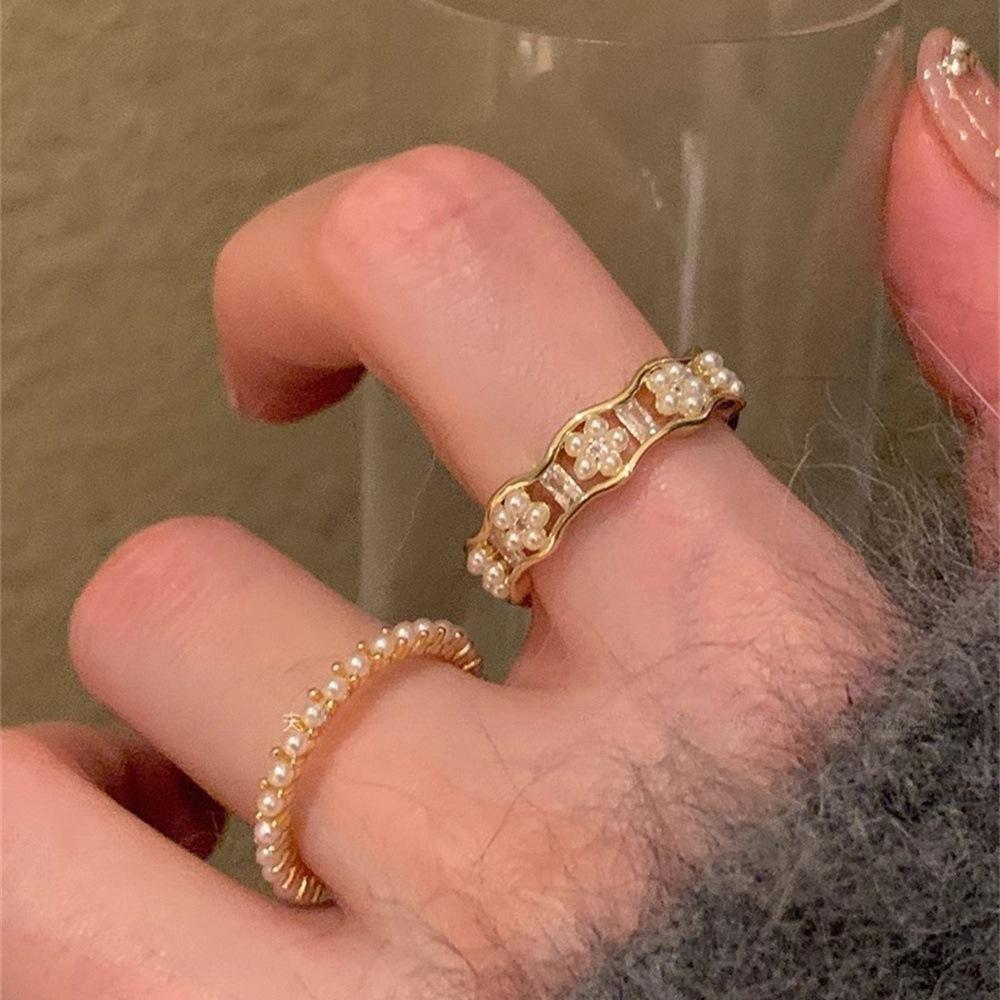 Gentle Sweet Flower Zircon Pearl Stacked Ring Female Ring 2025 Tide