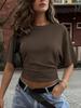 Women Y2k Solid Color Crew Neck Batwing Cinched Waist Loose Short Sleeve T Shirt