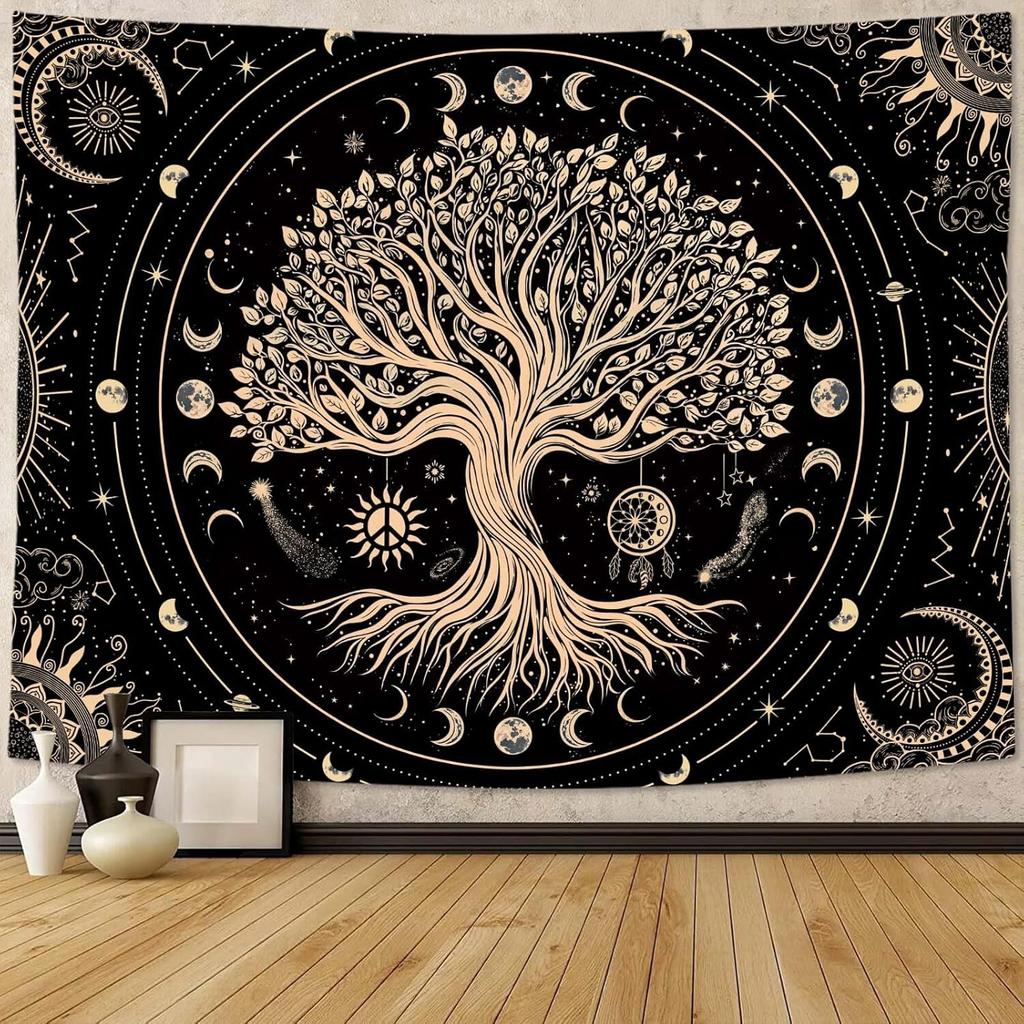 VIKAMA Tapiz Sol Luna Dormitorio Hippie Bohemio Flor Tapiz de Pared Flor Retro Plantas Espíritu Celestial Gran Tapiz