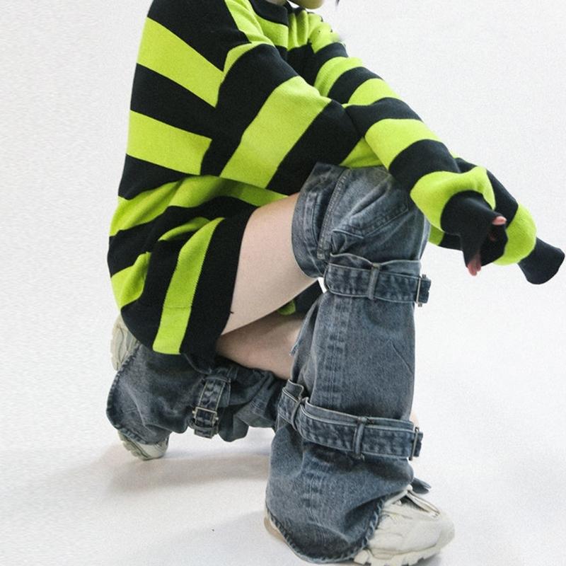 Womens Harajuku Punk Rock Denim Leg Warmer Socks Gothic Bandage Buckled Knee High Foot Cover Aesthetic Grunge Streetwear