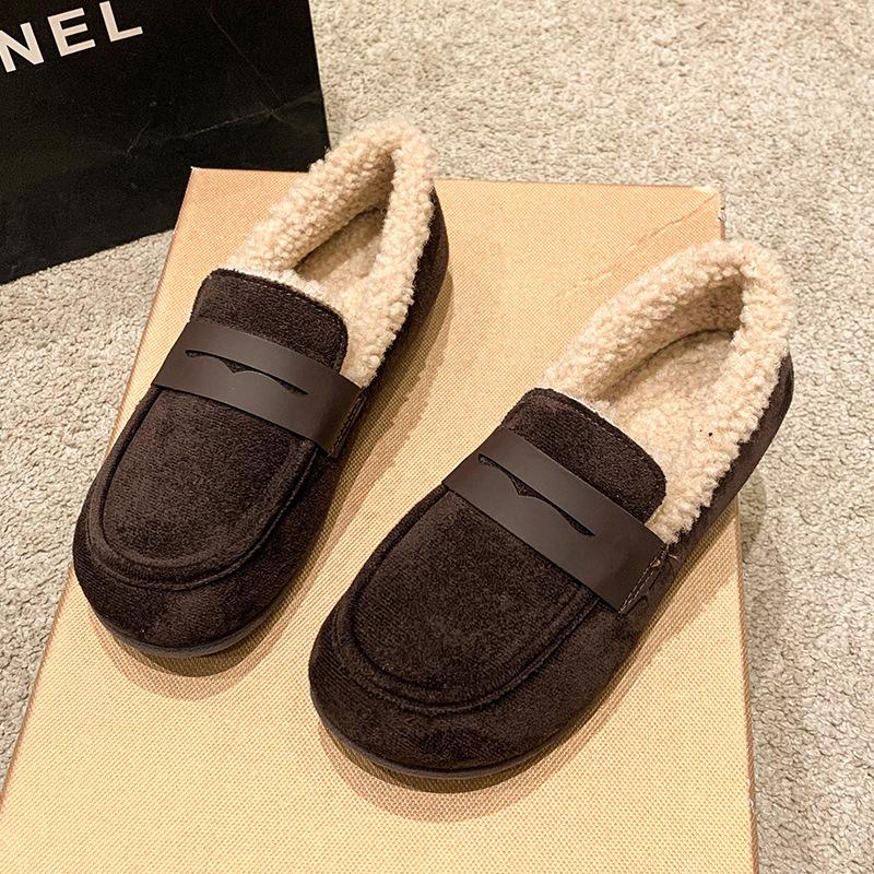 Soft-soled soft leather velvet warm small single shoes autumn and winter flat-bottomed round head simple Doudou cotton shoes