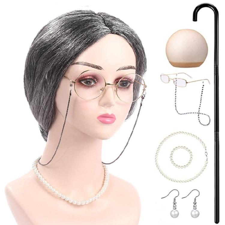 Halloween Grandma Costume Set Old Lady Wig and Granny Glasses Props for Kid Girl