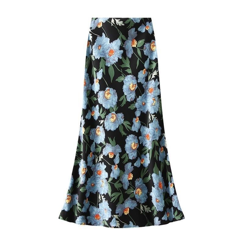 

Qooth Maxi Skirt A Line Fishtail Hem with Floral Print Elegant Elastic Waist QT2760 XL синий