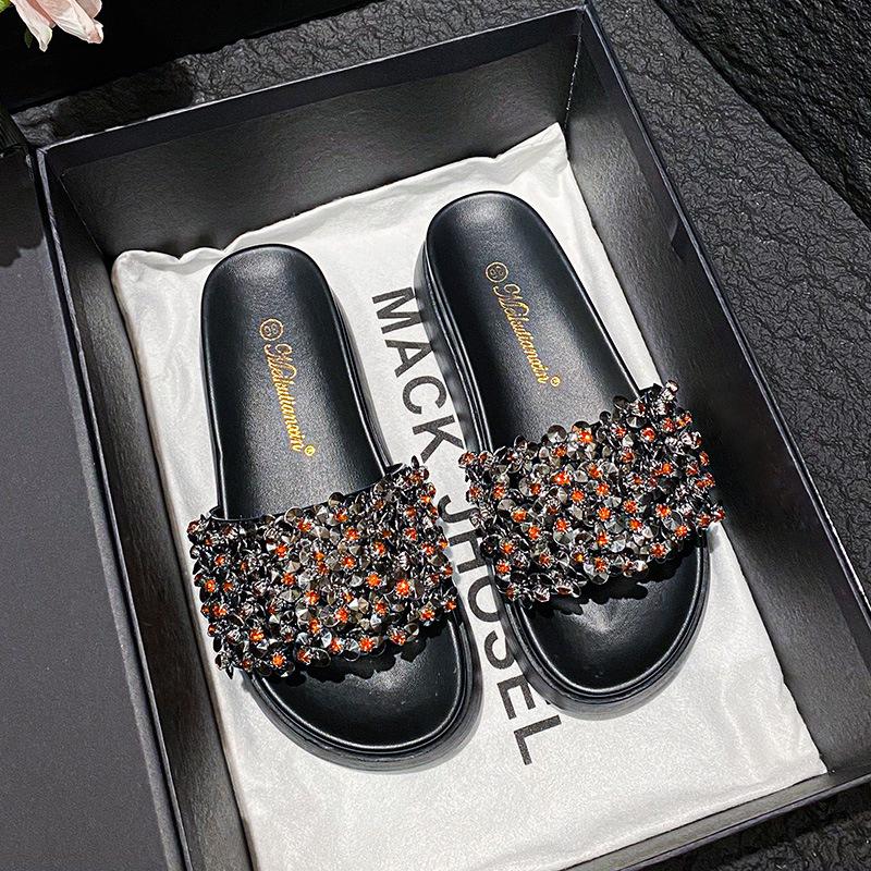 Thick-bottomed beaded cool slippers women's summer fashion outer wear muffin and non-slip casual versatile open-toe one-word drag women