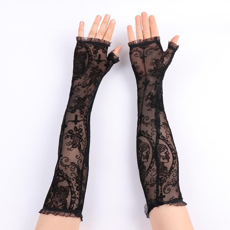 Women Summer Sunscreen Fashion Print Thin Lace Transparent Long Fingerless Gloves Sleeves Elasticity Mesh Lolita Punk Cosplay