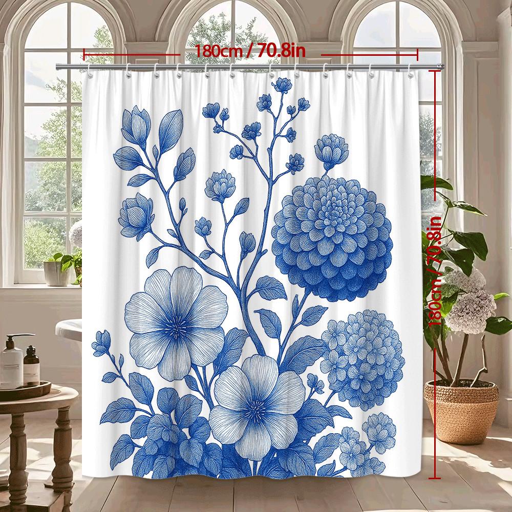 Blue Floral Botanical Shower Curtain Machine Washable All Season Waterproof Privacy Protection 2D Print Vintage Design Elegant