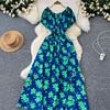 Retro Off Shoulder Dress Puff Sleeve Print Beach Vacation Women Korean Fashion Summer Vestidos Dresses