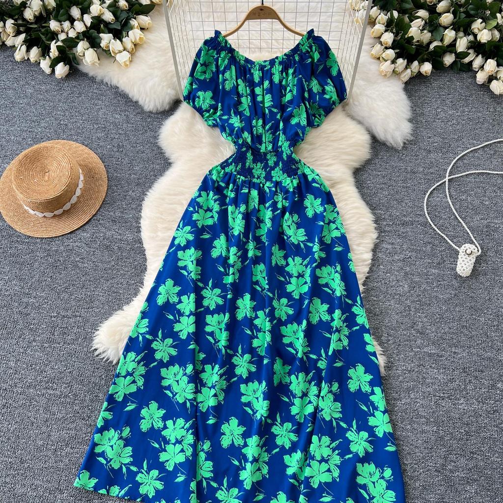 Retro Off Shoulder Dress Puff Sleeve Print Beach Vacation Women Korean Fashion Summer Vestidos Dresses