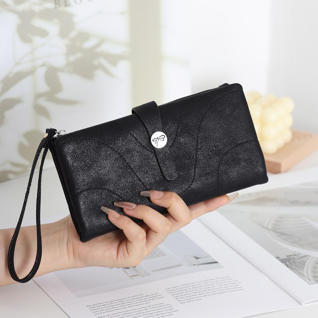 New women's long wallet, two fold, simple buckle solid color multi card handheld phone bag, zipper portable