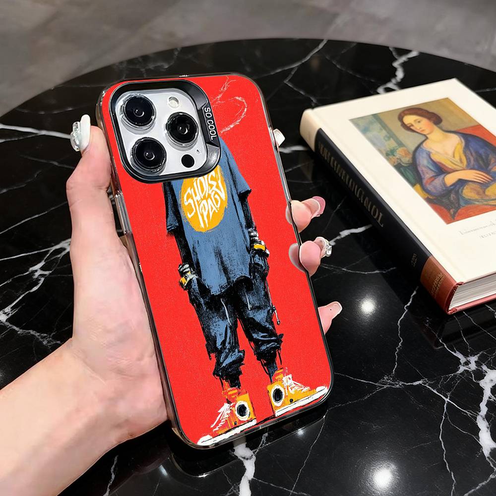 

Hip-hop Comic Character Sticker Phone Case For iPhone 17,16,15,14,13,12,11 Plus,Pro Max,XS,Colored Silver Plated Inside Cover iPhone15pro
