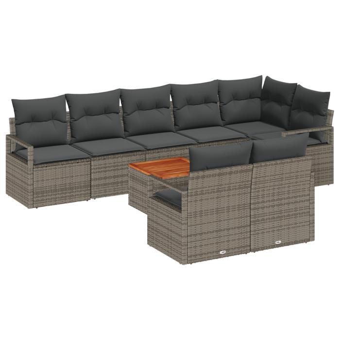 Ensemble canapé de jardin de 9 pièces avec coussins gris poly rattan acacia, canapé de jardin de 2 places avec coussins gris 3347720