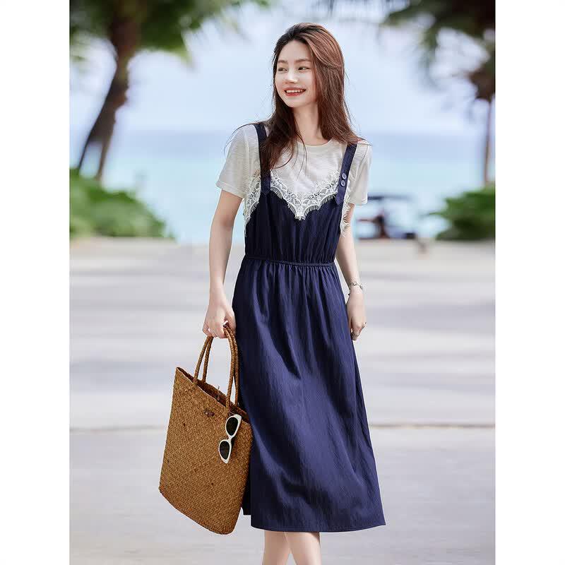 Summer Fashion Two-Piece T-shirt and Strap Dress Set