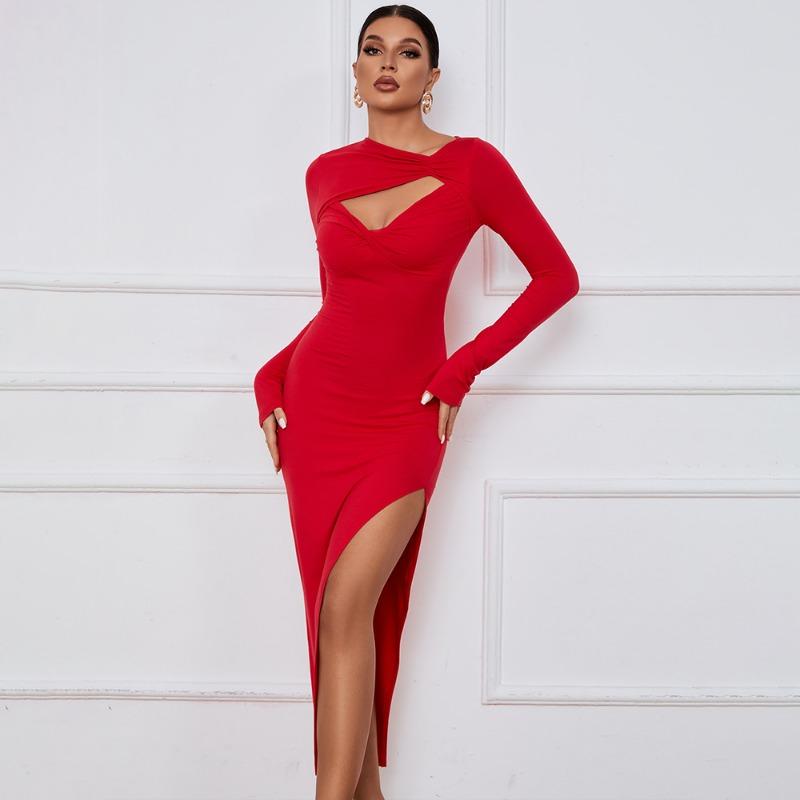 Rochie de seară sexy cu fantă goală la modă pentru femei, cu mâneci lungi, ocazional, pentru petrecere, rochii tip creion, pentru femei, vară, cu talie înaltă, temperament, rochie subțire pentru doamne 25558