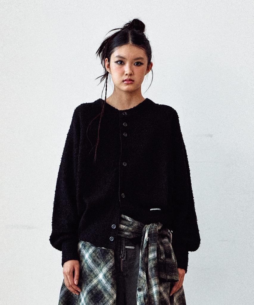 Thevinylhouse Round Neck Cardigan Black