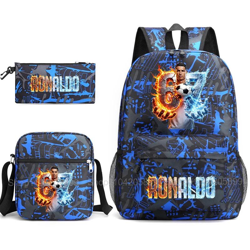 CR7 Ronaldo Backpack Football 67 Print School Bag With Shoulder Bag & Pencil Case For Student Boys Gift Daily Travel Rucksack