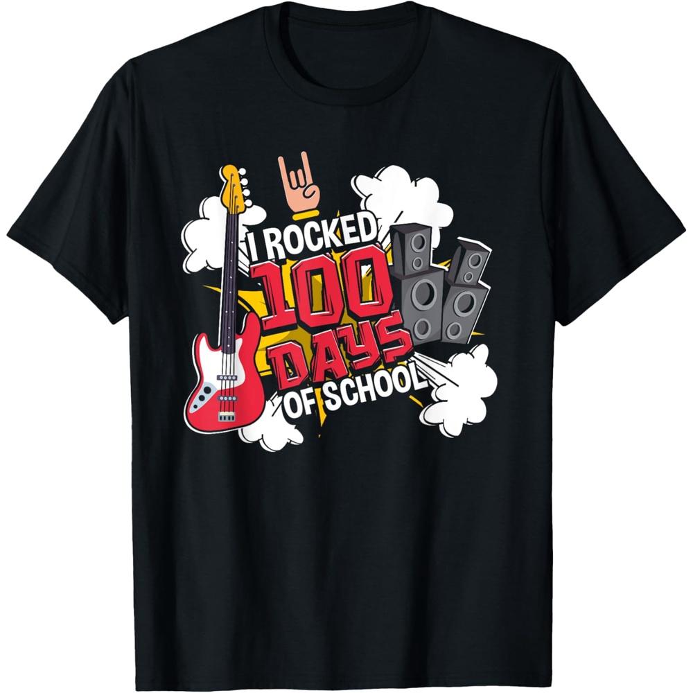 Funny Music Guitar I Rocked 100 Days of School Cotton Men T Shirt M