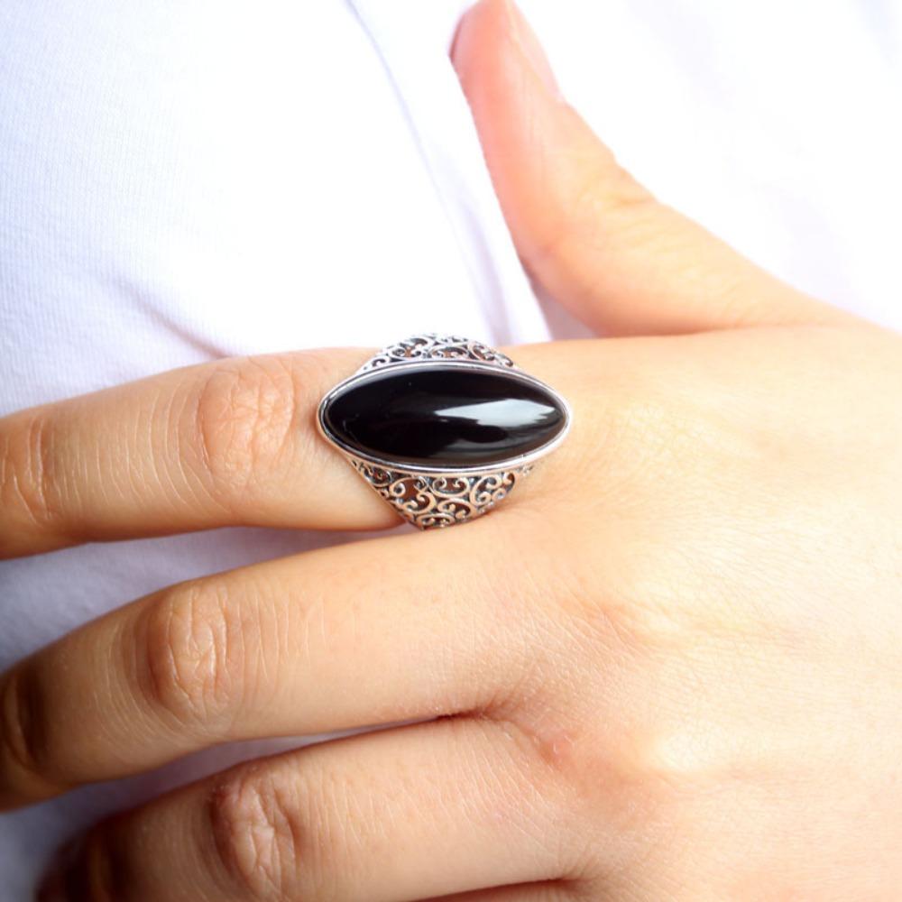 JMXD-Chinese Style Artificial Black Agate Ring, Hollow Opening, High-end Personalized Index Finger Ring