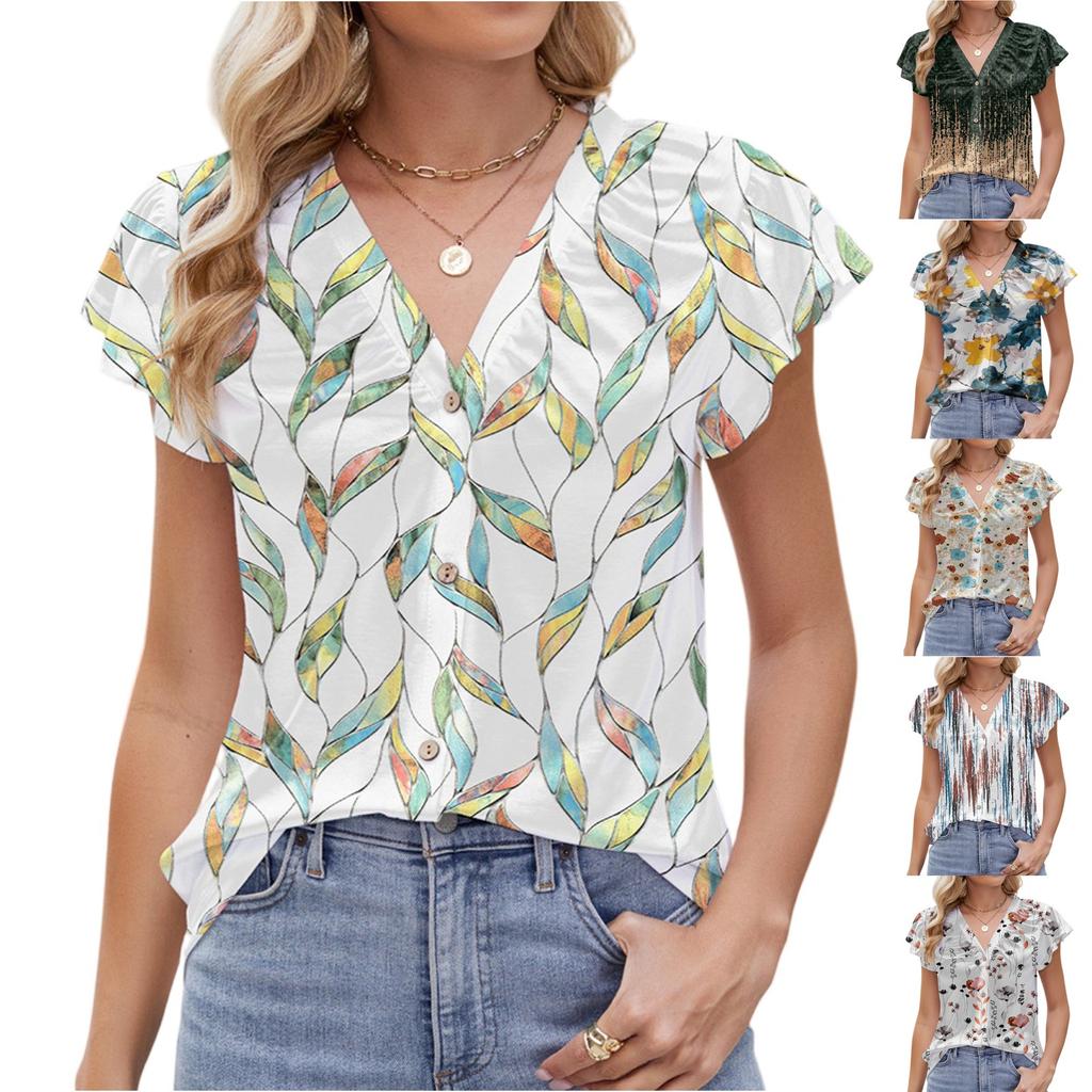 Women's Fashionable Casual Printed Ruffle Edge Shirt Button Short Sleeved Top Short Sleeved Top