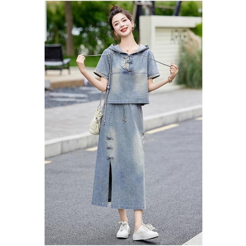 Fashion Embroidery Denim Skirt Set Women Summer Hooded Two Piece Outfit Chinese Style Vintage Youthful