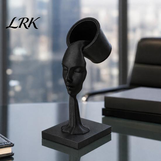Surrealist Art Piece Abstract Human Face Sculpture, Surrealism Artistic Statue, 3D Printed Desktop Sculpture Modern Black Floating Bucket Figurine for