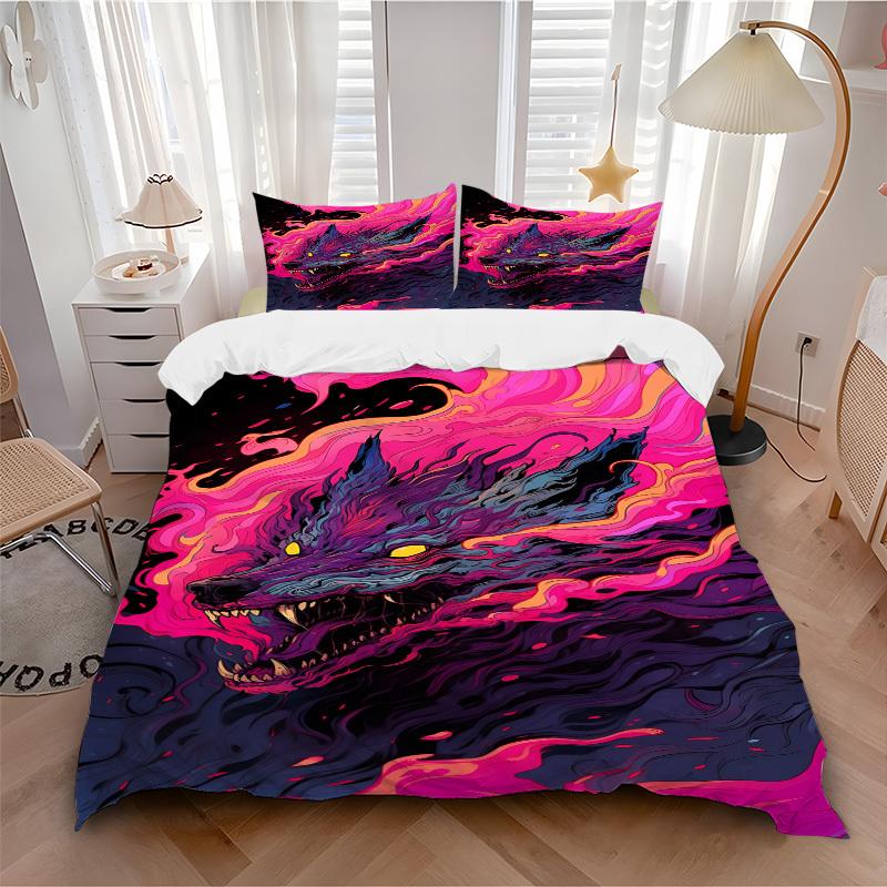 

3pcs bedding set Psychedelic Wolf Flame Art Includes 1 Comforter + 2 Pillowcases, Without Pillow Inserts, Soft Comfortable, Lightweight Breathable 135x200cm