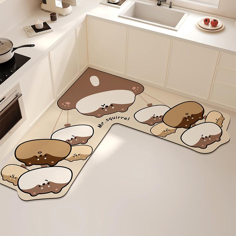 

L-shaped Kitchen Carpet Cute Cartoon Diatom Mud Floor Mat Creative Water-absorbing Corner Bathroom Mats Non-slip Washable Rug IG 80x80x40cm