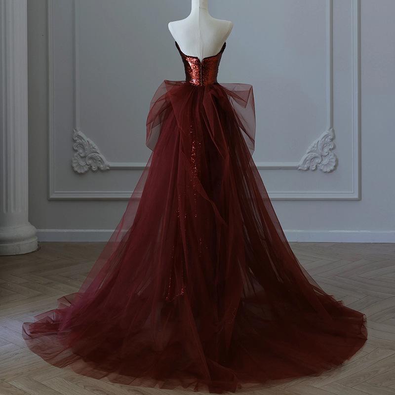 Fish tail evening dress burgundy tube top sequined dress temperament bride engagement banquet host toast dress