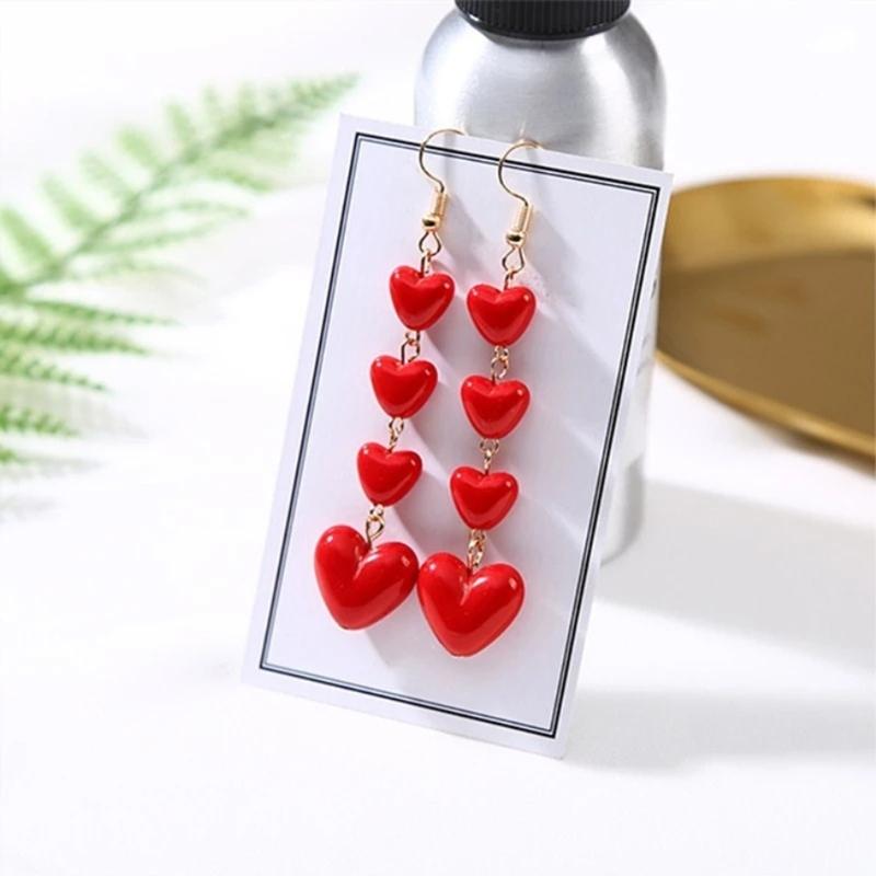 Red Heart Long Tassel Earrings Sweet Drop Dangle Earrings Party Jewelry Fashion Piercing Earrings Comfortable to Wear