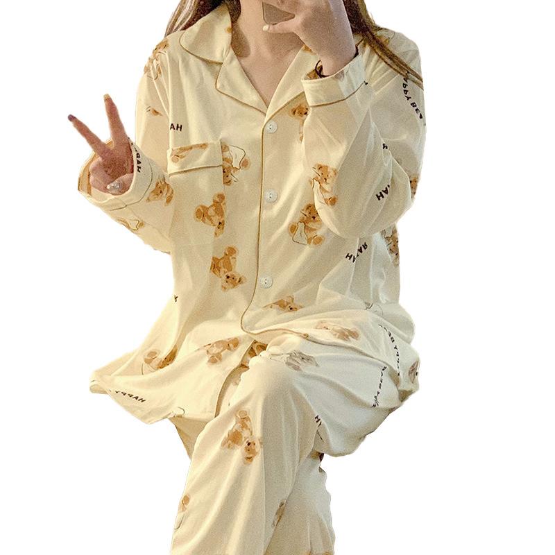 French Cream Bear Printing New Loungewear Spring And Autumn Long-Sleeved Trousers Pajamas Women Can Wear