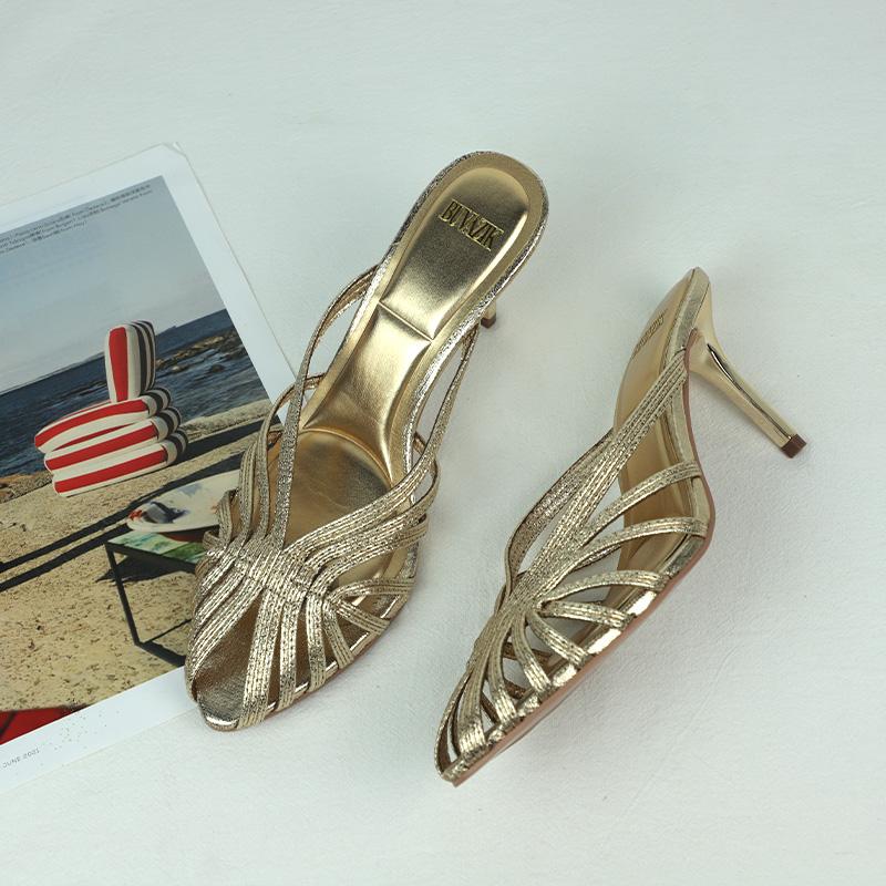 Luxury  Golden Women High Heels Shoe Sexy Open Toe Crisscross Design Summer Stiletto Chic Prom Evening Party Modern Sandals