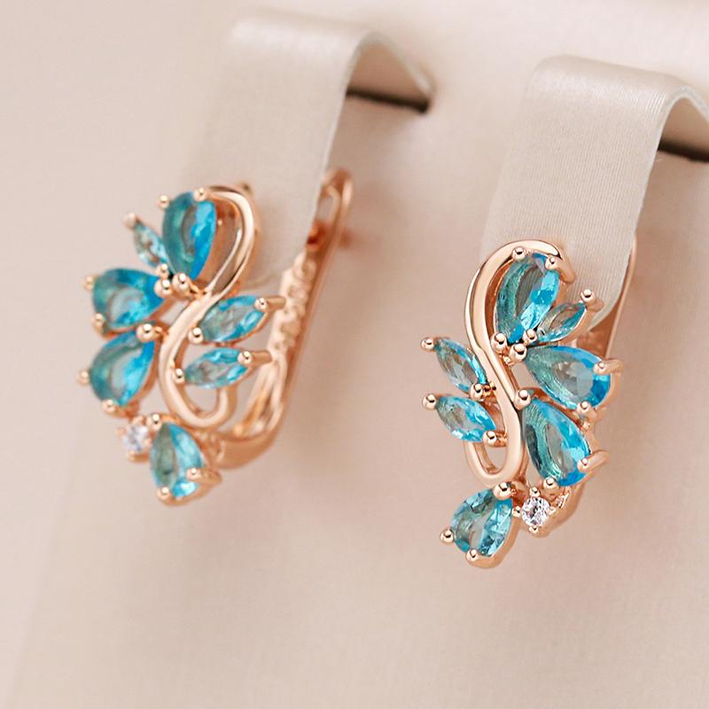 Trend Blue Natural Zircon Crystal Flower English Earrings For Women  Rose Gold Color Party Daily Fine Vintage Jewelry