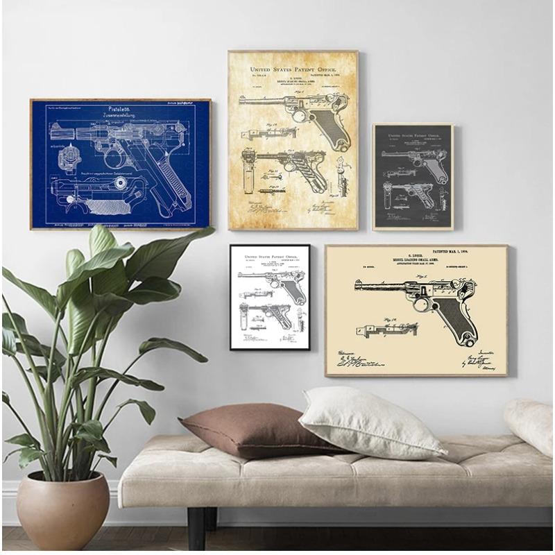 Gun Blueprint Luger Pistol Patent Chart Canvas Painting Posters And Prints Wall Pictures For Living Room Decoration Home Decor