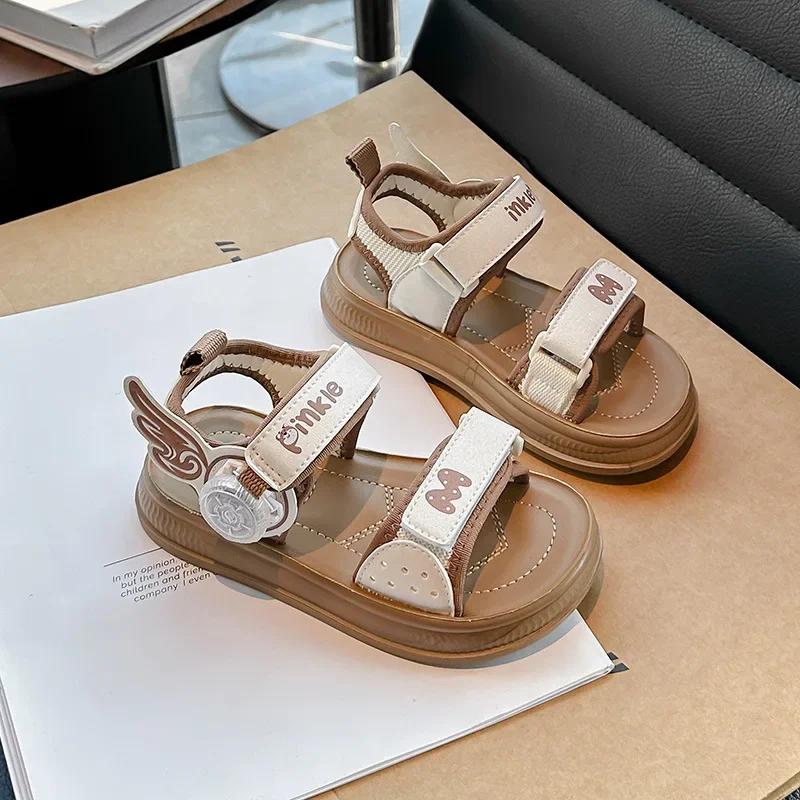 Children Open Toes Shoes with Rotating Button Sweet Wings 2025 Summer New Kids Beach Shoes Soft Sole Sandals Non-slip Trendy