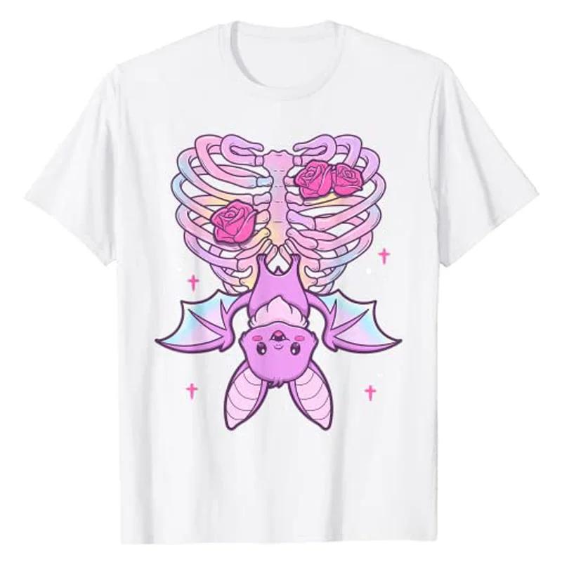 

Kawaii Pastel Goth Cute Creepy Bat Skeleton T-Shirt Anime Vaporwave Aesthetic Clothes Graphic Tee Tops Halloween Costume Gifts S белый