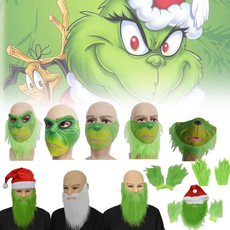Grinch Half Face Mask With Green Hair And Whimsical Design For Christmas Celebrations