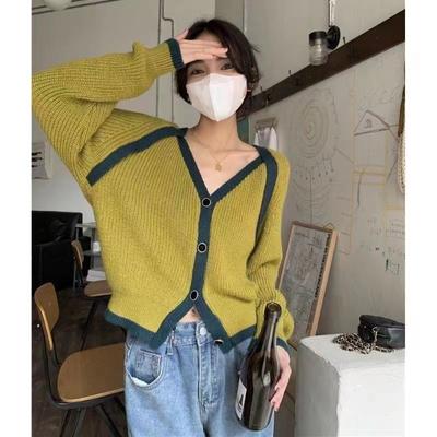Small Design Knitting Cardigan Women 2022 Autumn Long Sleeve Solid Casual Soft Waxy Color Contrast Loose Sweater Cardigan Coat