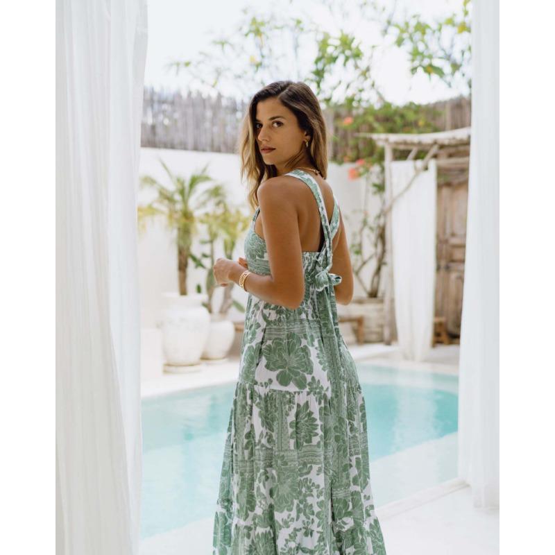 

YYFS Женская мода Лето Весна Цветочный узор Принт Без рукавов Подтяжки Высокая талия Повседневные платья M зелёный