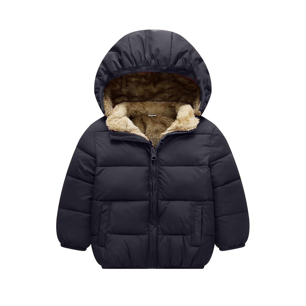 Unisex Kids' Thickened Velvet Hooded Cotton Jacket for Winter