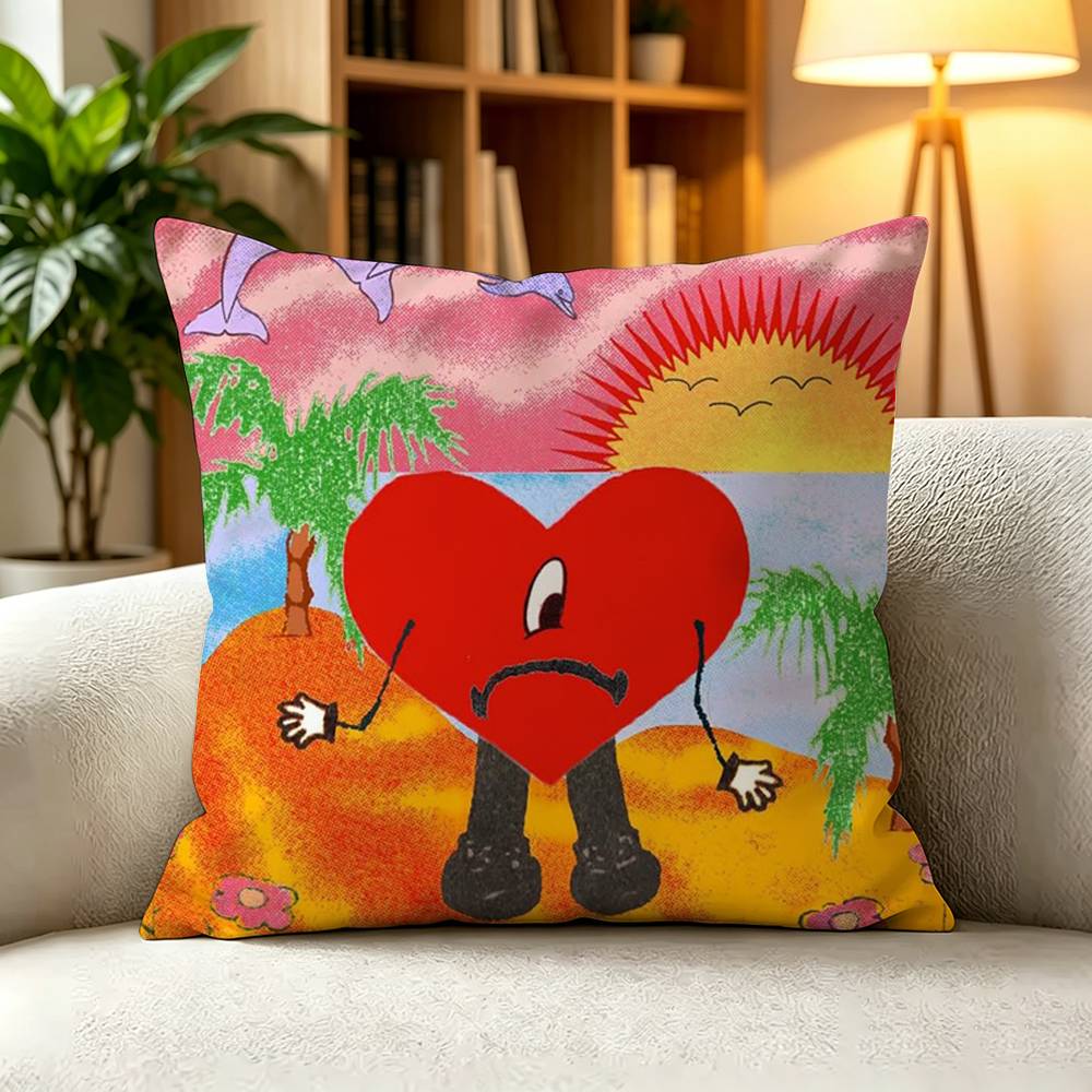 BBad Bunny Reggaeton Rapper Square DoubleSided Printed Pillow Case Bedroom Bedside Pillow Sofa Cushion Cover