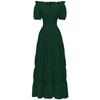 Vestido Largo Retro de Color Sólido para Mujer, Manga Corta, Cuello con Cordones, Cintura Fruncida