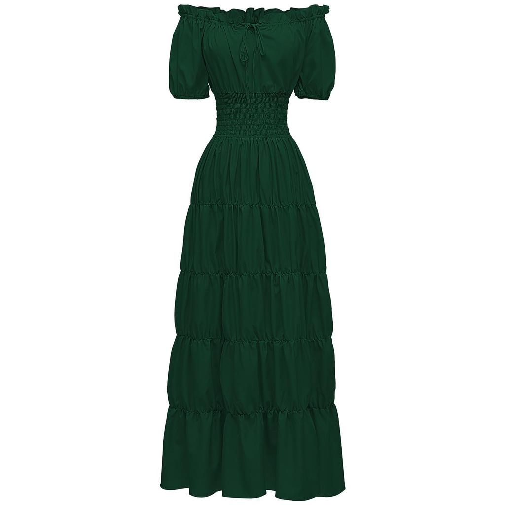 Vestido Largo Retro de Color Sólido para Mujer, Manga Corta, Cuello con Cordones, Cintura Fruncida