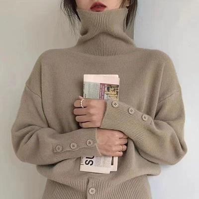 Einfarbiger Damen Rollkragen Herbst Winter Retro Koreanischer Lässiger Pullover Strickpullover