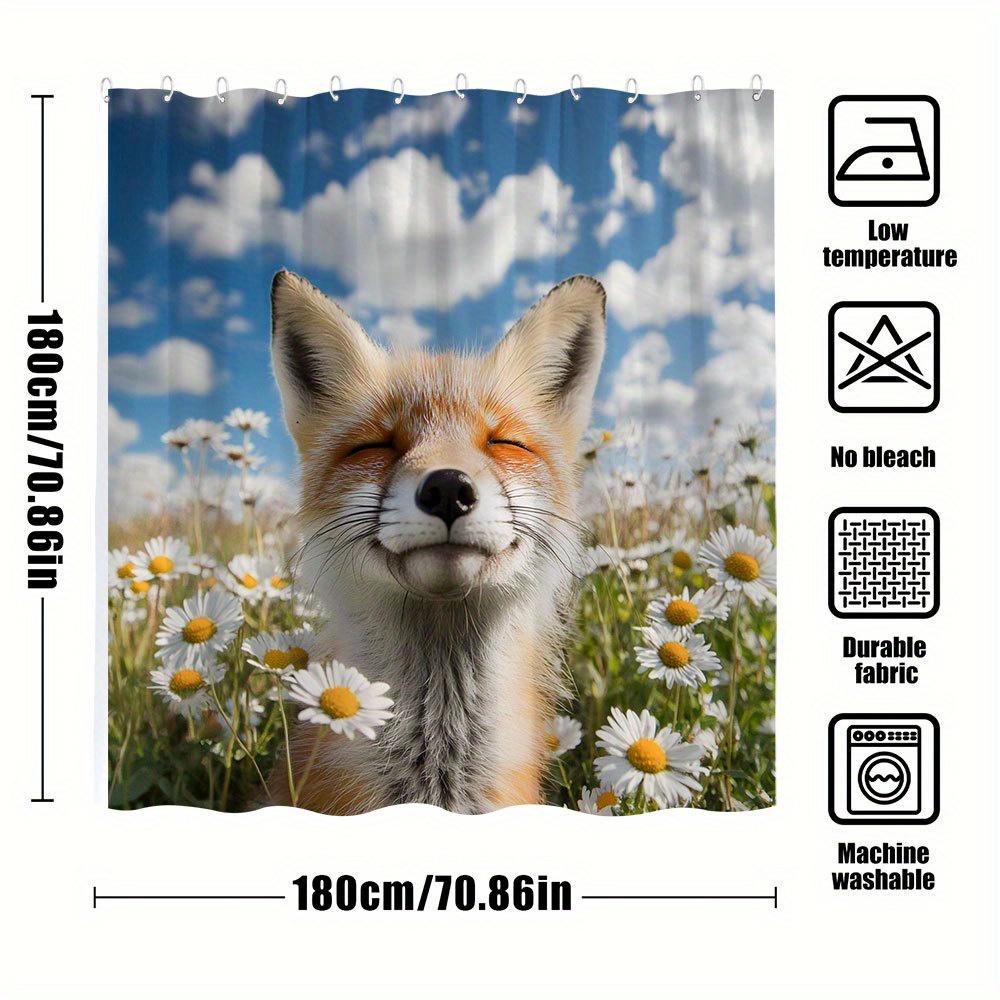 1pc Fox Sleeping in Daisies Shower Curtain - Whimsical Fox in Blue Sky & White Clouds Design, Machine Washable Polyester Bathroo