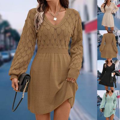Women Autumn Sweater Dresses V-neck  Crochet Knitted Long Pullovers Sweaters Dress