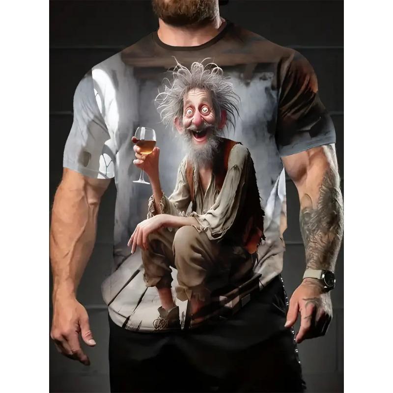 Pánské 3D tištěné kreslené tričko s grafickým obličejem staršího muže, humorné digitálně tištěné tričko s krátkým rukávem, prodyšný polyester, kulatý výstřih, ležérní