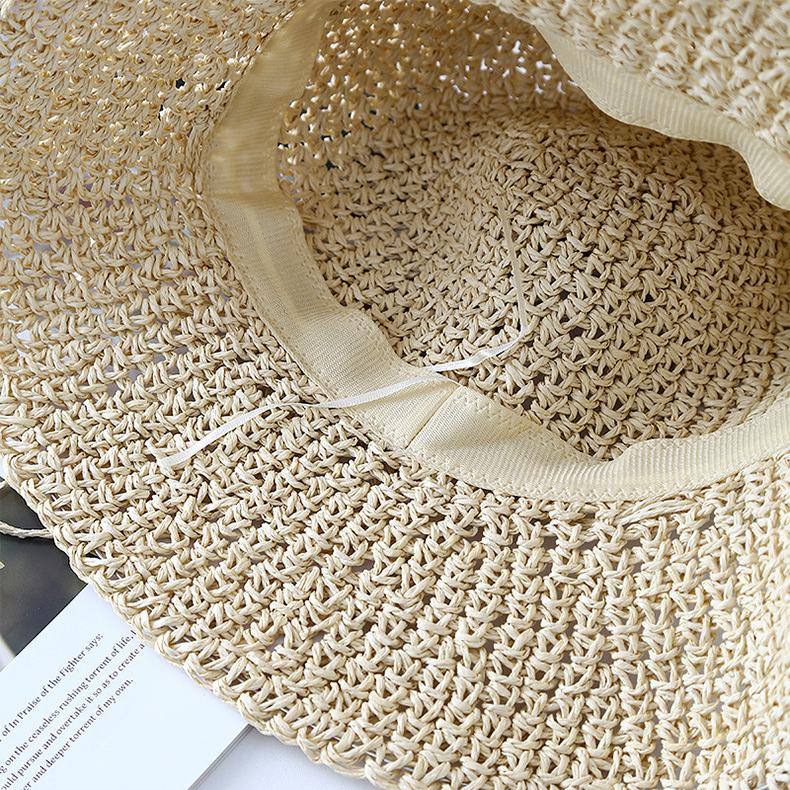 Lace Bow Straw Hat Summer Women's Beach Vacation Sun Hat Foldable Sunshade Sunscreen Bucket Hat
