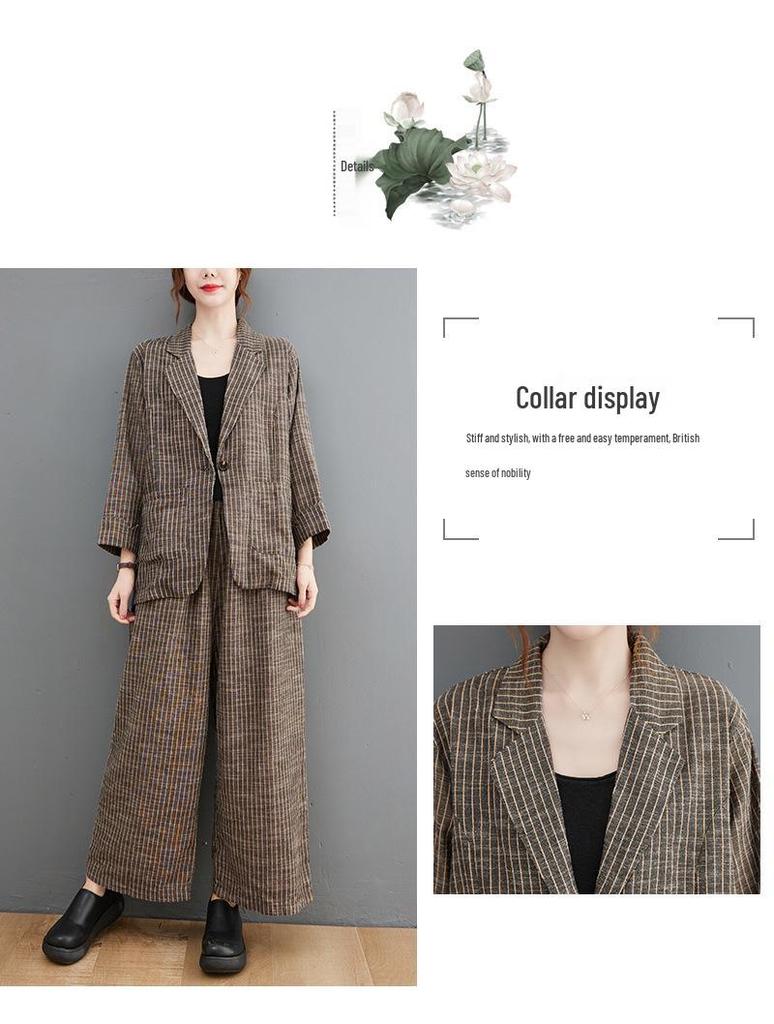 Damen 2024 Herbst Retro Baumwolle Leinen Gestreifter Blazer & Weitbeinige Hose Set