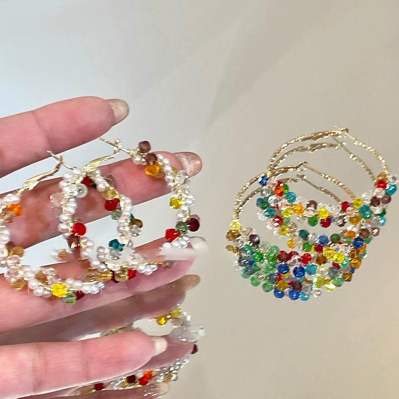 Y2K Colored Bead Crystal Pearl Exaggerated Hoop Earrings for Women Luxury Round Irregular Earring High-End Travel Accessory Gift