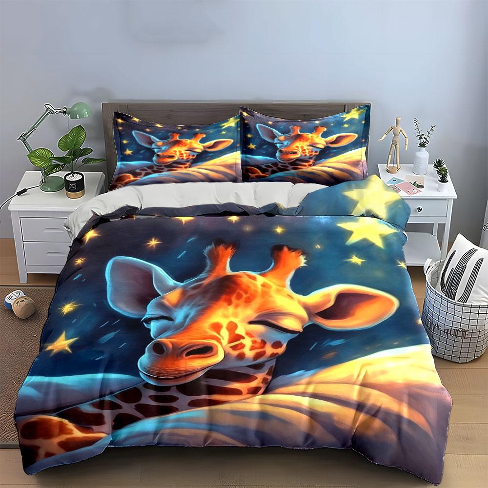Cute Sleeping Giraffe Starry Night Sky Bedding Set 3pcs Cartoon Animal Star Soft Kids Duvet Coverking queen single doubleGift