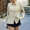 Tassel Long Sleeve Blouse Turn Down Collar Drop Shoulder Button Up Tassel Trim Blouse Shirt Apricot